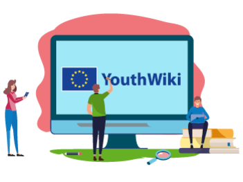 Egy óriás monitorra kivetítve a YouthWiki felirat körülötte sematikus emberábrák nézik fotózzák olvassák