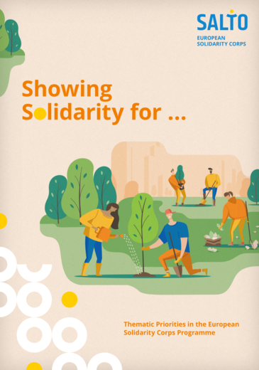 Showing Solidarity for ESC és prioritásai kiadvány borítóképe a címmel és fákat ültető emberek grafikával