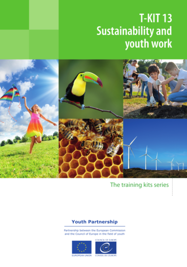Sustainability and youth work kiadványkép a címmel és a természet képeiből vett négyzetes képkollázzsal